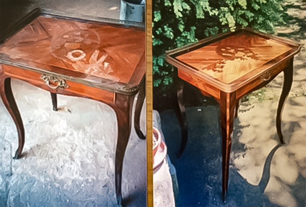 Restauration petite table en marqueterie Louis XV